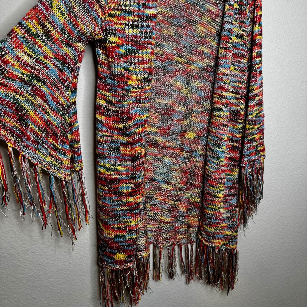 Easel Multi Color Metallic Knit Fringe Bell Sleeve Open Front Cardigan M/L Boho - Picture 3 of 6